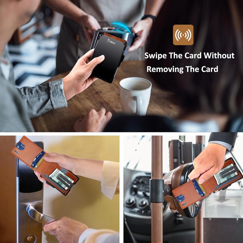 umoven محفظة للرجال - مع مشبك نقود جلد رقيق حامل بطاقات ائتمان مانع RFID محفظة قابلة للطي بسيطة (جلد الطبقة العليا - بني سينا) - Image 4